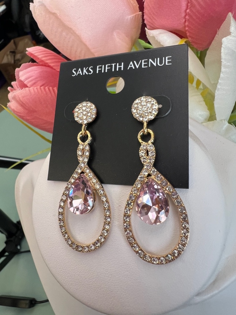 Saks Fifth Avenue Dangling Oval Pink Stone Earrings - Picture 3 of 7